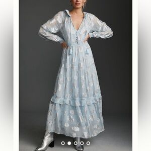 Anthropologie Light Blue Metallic-Accent Maxi Dress